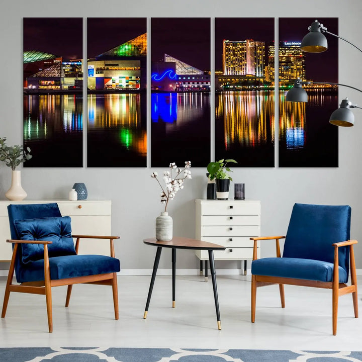 A set of museum-quality canvases featuring the "Baltimore City Lights Night Skyline Cityscape View Wall Art Canvas Print" showcases a vibrant nighttime cityscape with colorful reflections on water. The canvases are elegantly presented with gallery-wrapped edges for a polished look.