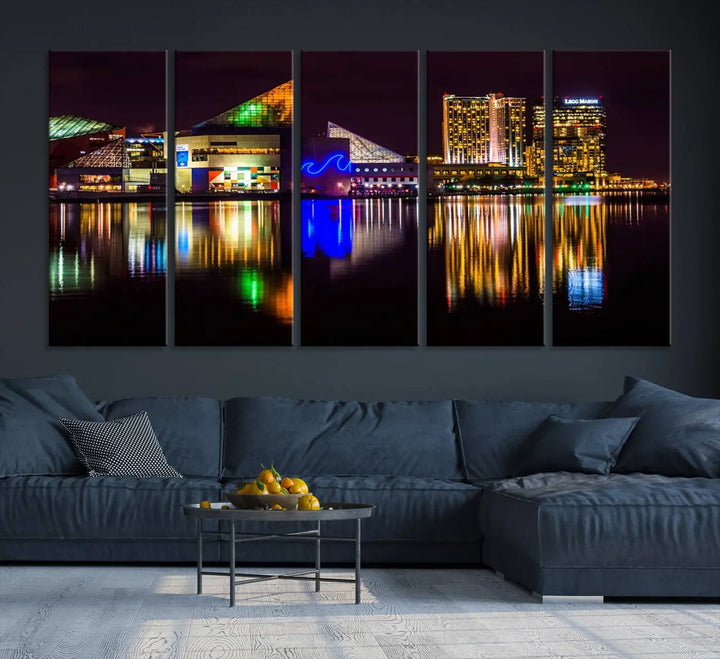 A set of museum-quality canvases featuring the "Baltimore City Lights Night Skyline Cityscape View Wall Art Canvas Print" showcases a vibrant nighttime cityscape with colorful reflections on water. The canvases are elegantly presented with gallery-wrapped edges for a polished look.