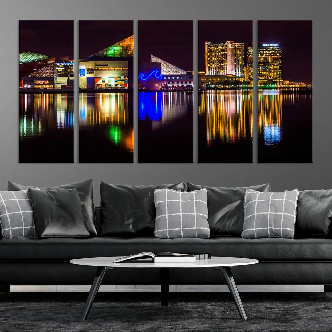 A set of museum-quality canvases featuring the "Baltimore City Lights Night Skyline Cityscape View Wall Art Canvas Print" showcases a vibrant nighttime cityscape with colorful reflections on water. The canvases are elegantly presented with gallery-wrapped edges for a polished look.