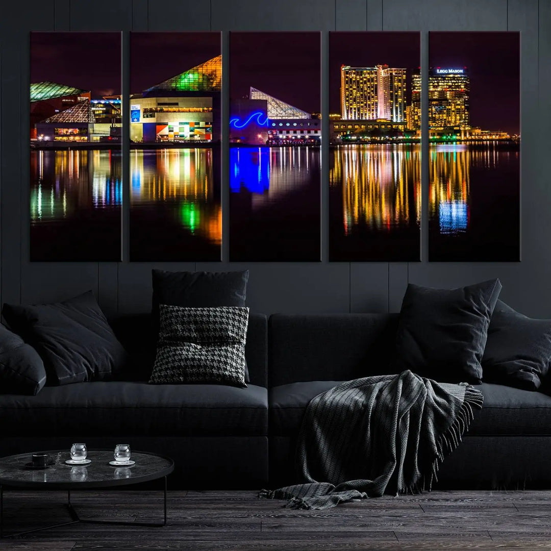 A set of museum-quality canvases featuring the "Baltimore City Lights Night Skyline Cityscape View Wall Art Canvas Print" showcases a vibrant nighttime cityscape with colorful reflections on water. The canvases are elegantly presented with gallery-wrapped edges for a polished look.