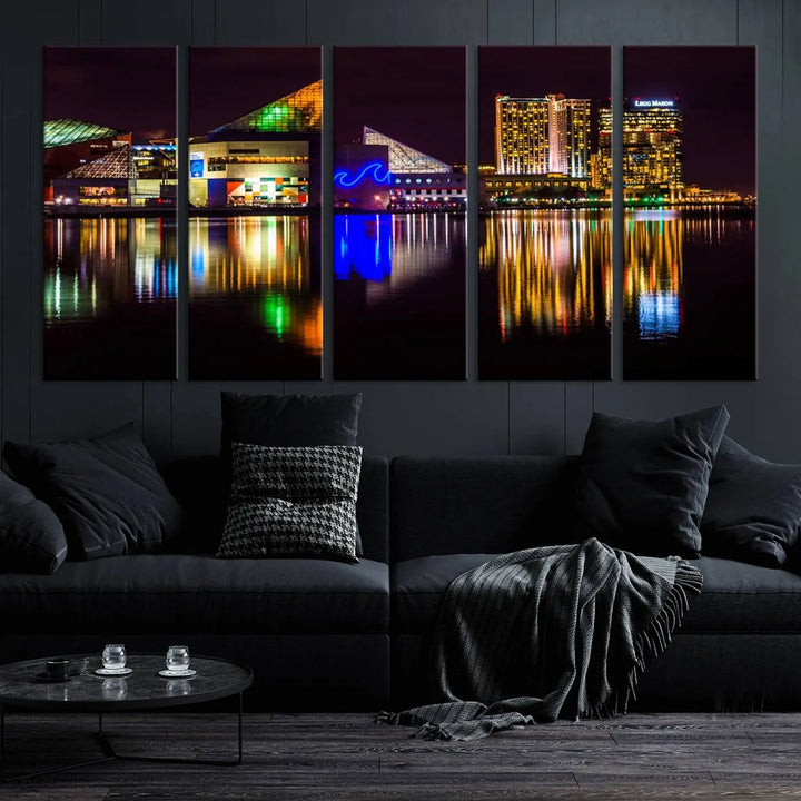 A set of museum-quality canvases featuring the "Baltimore City Lights Night Skyline Cityscape View Wall Art Canvas Print" showcases a vibrant nighttime cityscape with colorful reflections on water. The canvases are elegantly presented with gallery-wrapped edges for a polished look.