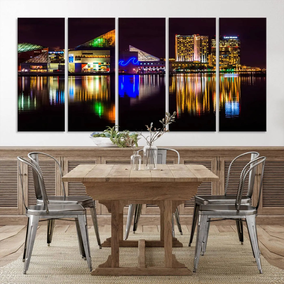 A set of museum-quality canvases featuring the "Baltimore City Lights Night Skyline Cityscape View Wall Art Canvas Print" showcases a vibrant nighttime cityscape with colorful reflections on water. The canvases are elegantly presented with gallery-wrapped edges for a polished look.