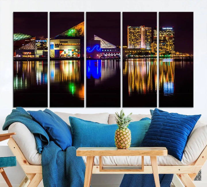 A set of museum-quality canvases featuring the "Baltimore City Lights Night Skyline Cityscape View Wall Art Canvas Print" showcases a vibrant nighttime cityscape with colorful reflections on water. The canvases are elegantly presented with gallery-wrapped edges for a polished look.