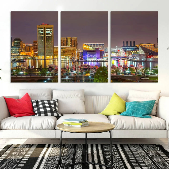 The Baltimore City Lights Night Skyline Cityscape View Wall Art Canvas Print is elegantly displayed on museum-quality canvas.