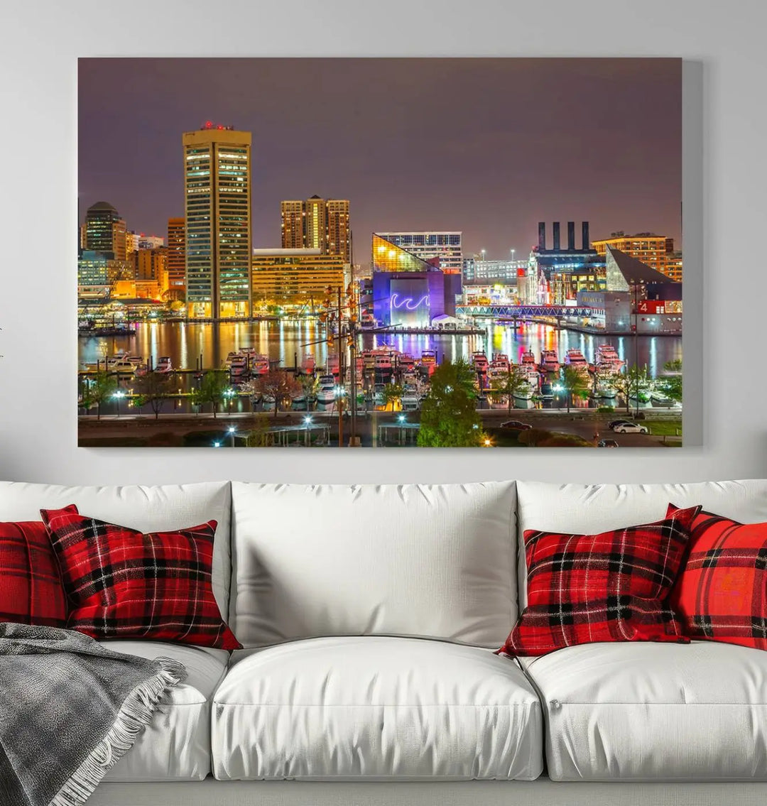 The Baltimore City Lights Night Skyline Cityscape View Wall Art Canvas Print is elegantly displayed on museum-quality canvas.