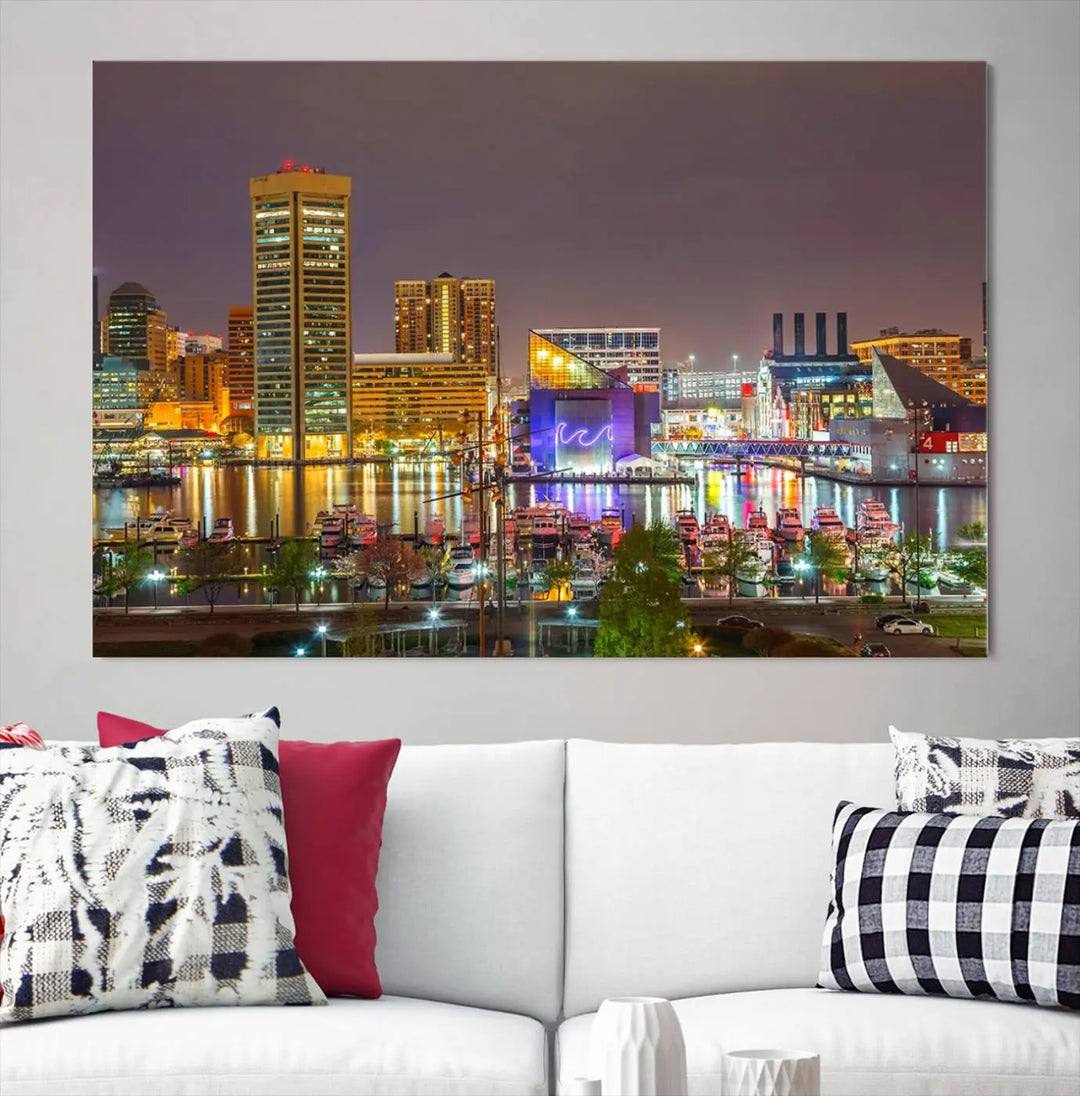 The Baltimore City Lights Night Skyline Cityscape View Wall Art Canvas Print is elegantly displayed on museum-quality canvas.