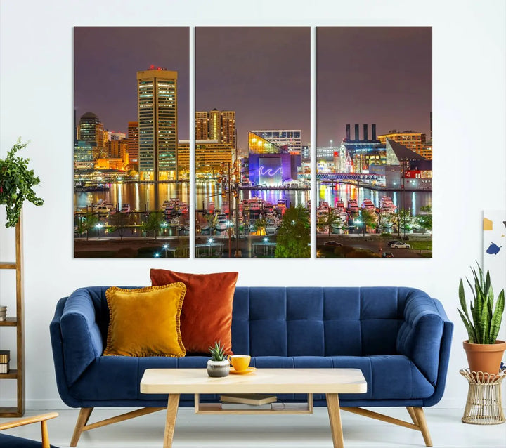 The Baltimore City Lights Night Skyline Cityscape View Wall Art Canvas Print is elegantly displayed on museum-quality canvas.