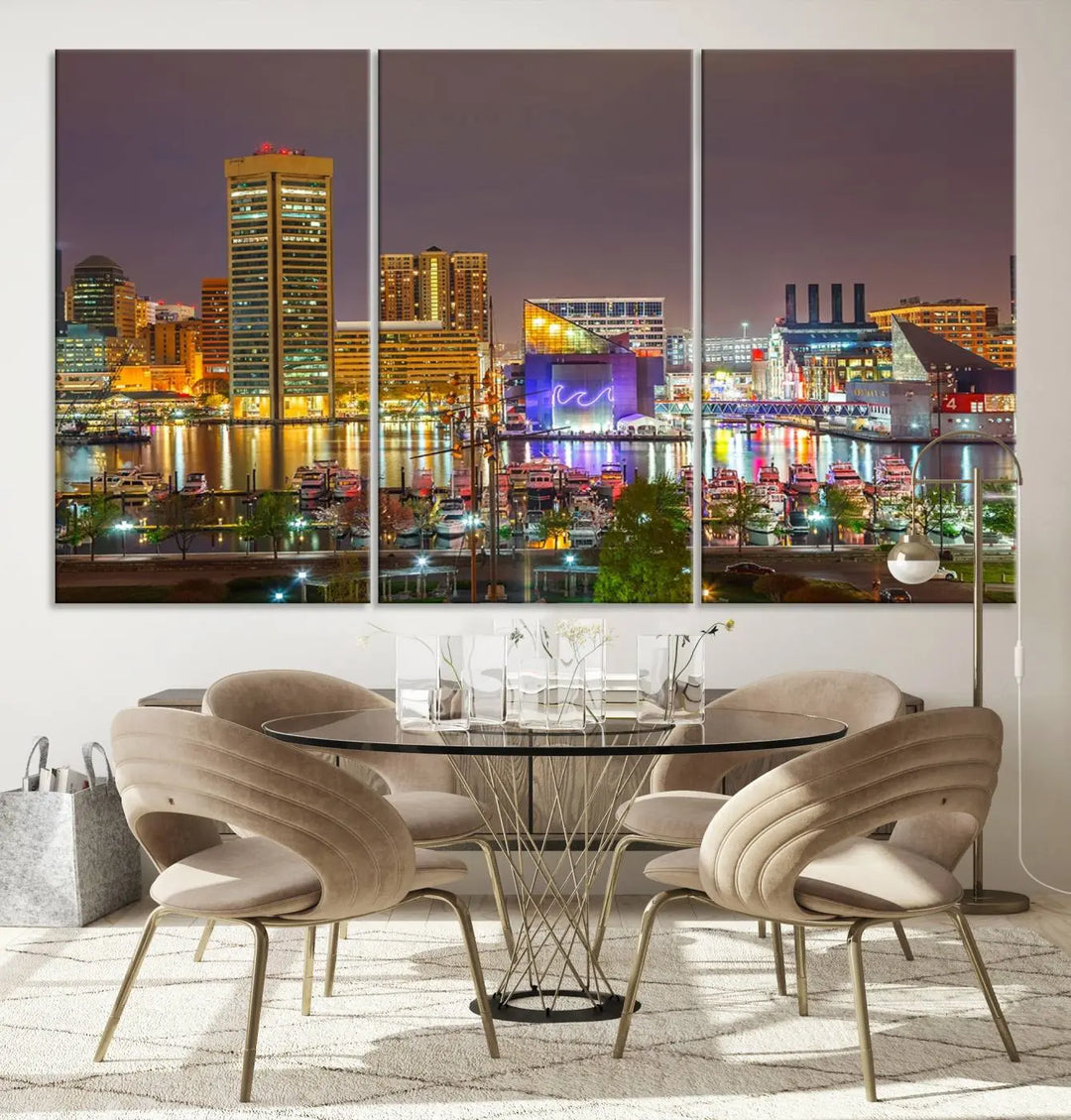 The Baltimore City Lights Night Skyline Cityscape View Wall Art Canvas Print is elegantly displayed on museum-quality canvas.