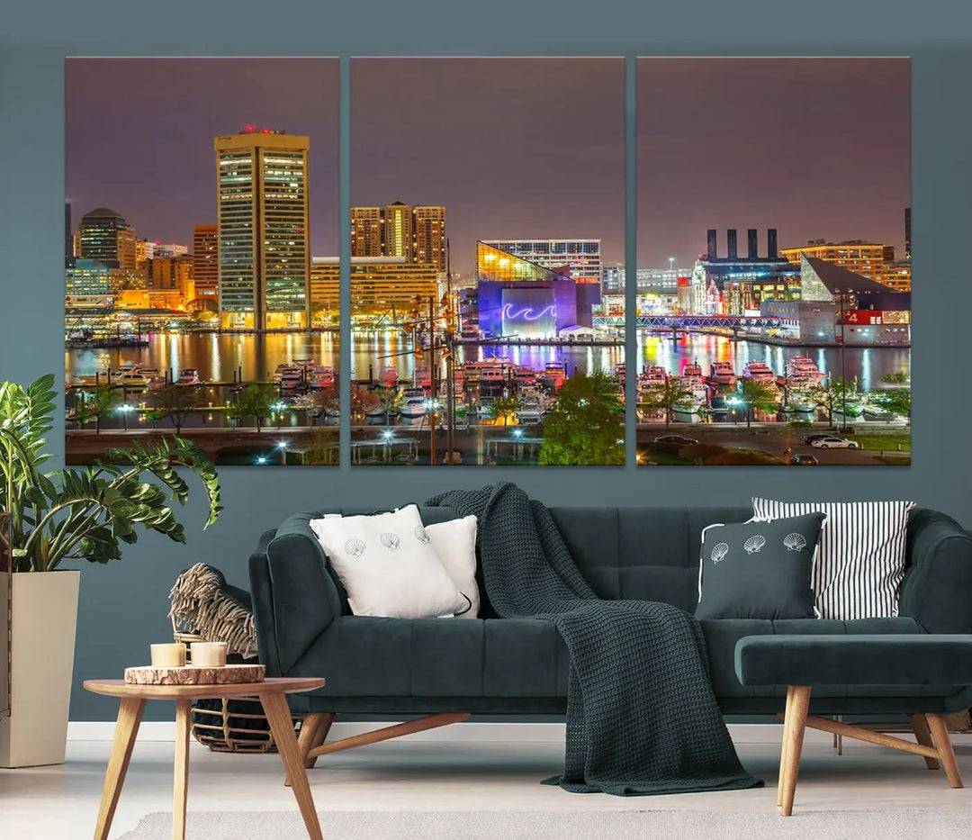 The Baltimore City Lights Night Skyline Cityscape View Wall Art Canvas Print is elegantly displayed on museum-quality canvas.