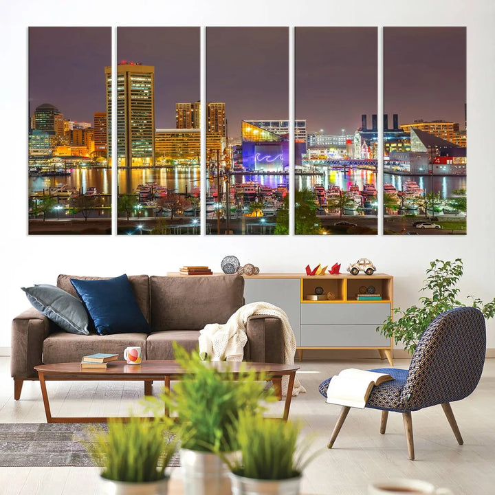 The Baltimore City Lights Night Skyline Cityscape View Wall Art Canvas Print is elegantly displayed on museum-quality canvas.