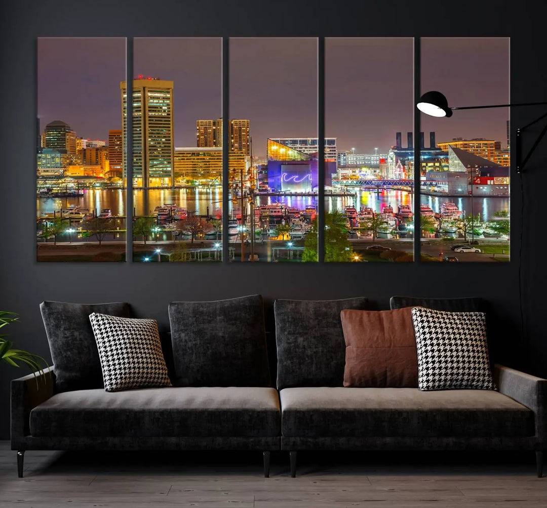 The Baltimore City Lights Night Skyline Cityscape View Wall Art Canvas Print is elegantly displayed on museum-quality canvas.