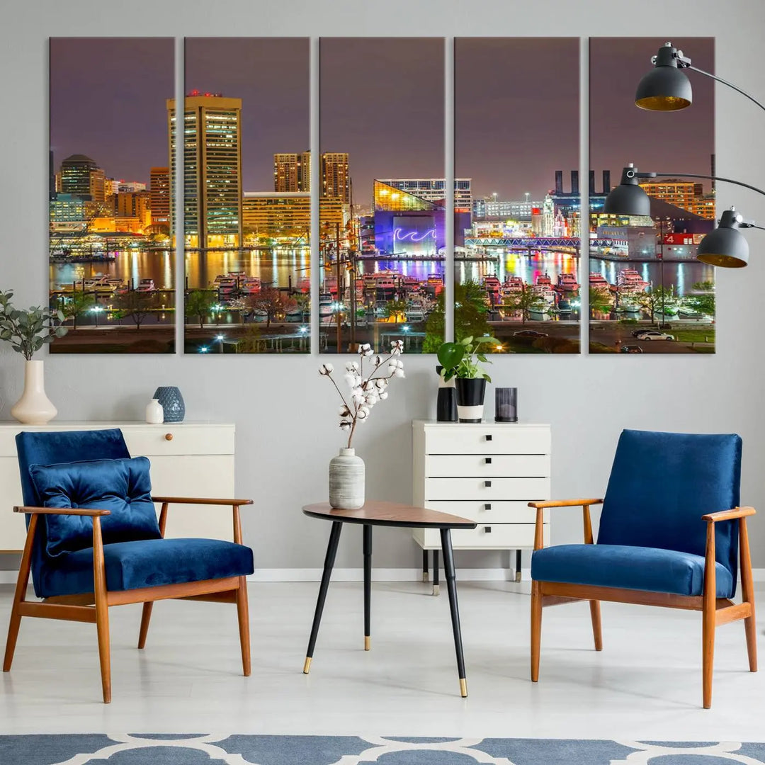 The Baltimore City Lights Night Skyline Cityscape View Wall Art Canvas Print is elegantly displayed on museum-quality canvas.