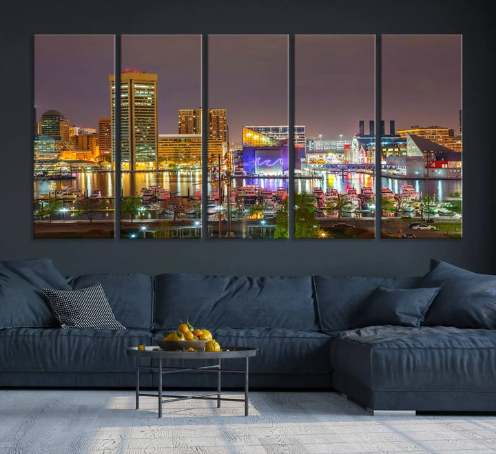 The Baltimore City Lights Night Skyline Cityscape View Wall Art Canvas Print is elegantly displayed on museum-quality canvas.