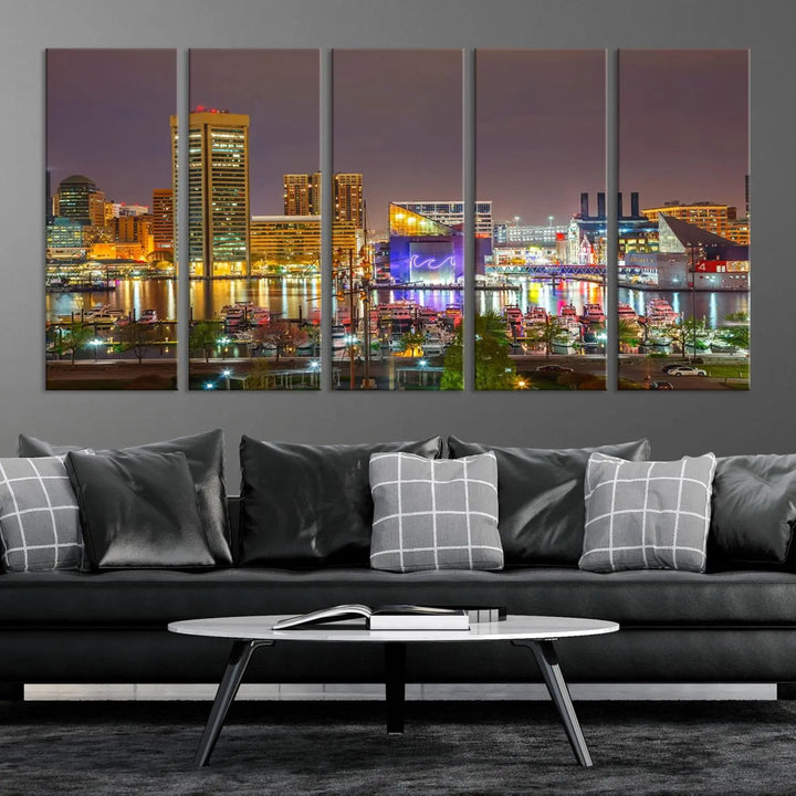 The Baltimore City Lights Night Skyline Cityscape View Wall Art Canvas Print is elegantly displayed on museum-quality canvas.