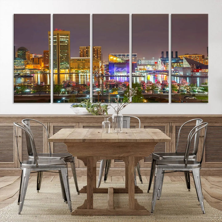 The Baltimore City Lights Night Skyline Cityscape View Wall Art Canvas Print is elegantly displayed on museum-quality canvas.