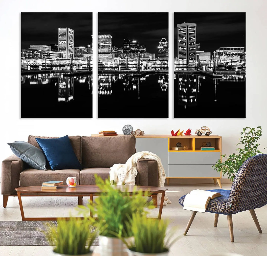 The Baltimore City Lights Skyline Black and White Wall Art Cityscape Canvas Print features a museum-quality finish with UV-protective coating to preserve its brilliance and comes ready to hang straight out of the box.