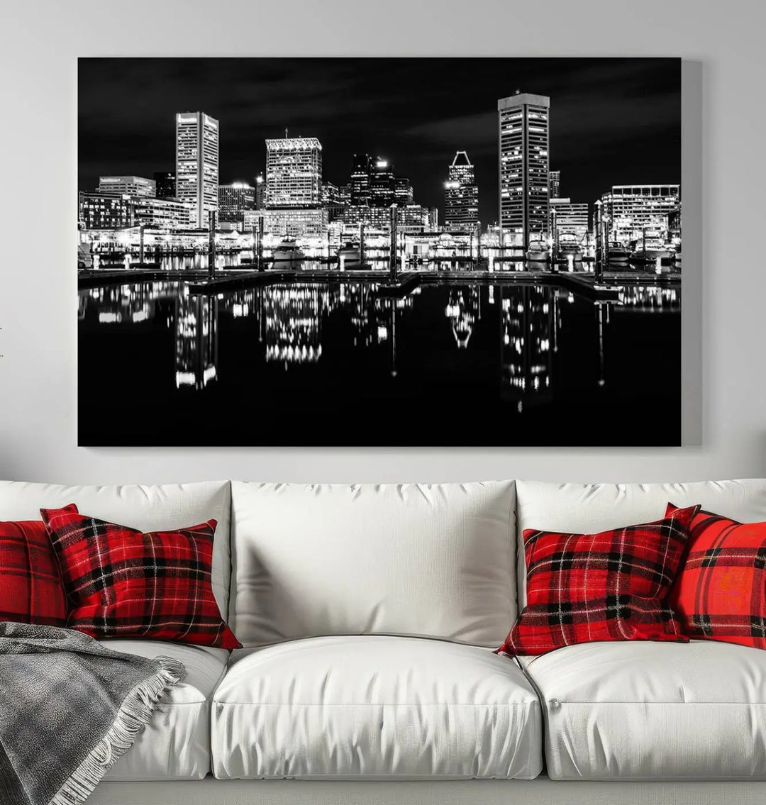 The Baltimore City Lights Skyline Black and White Wall Art Cityscape Canvas Print features a museum-quality finish with UV-protective coating to preserve its brilliance and comes ready to hang straight out of the box.