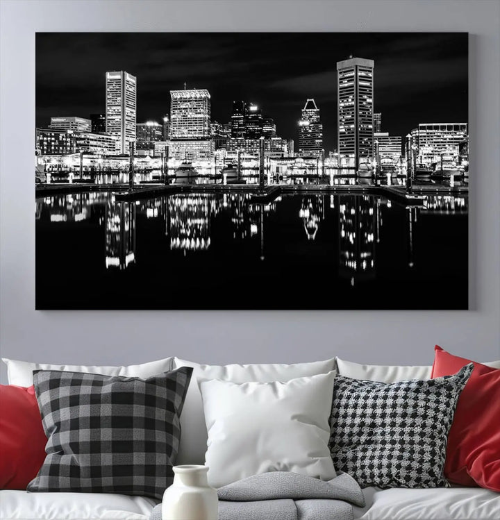 The Baltimore City Lights Skyline Black and White Wall Art Cityscape Canvas Print features a museum-quality finish with UV-protective coating to preserve its brilliance and comes ready to hang straight out of the box.