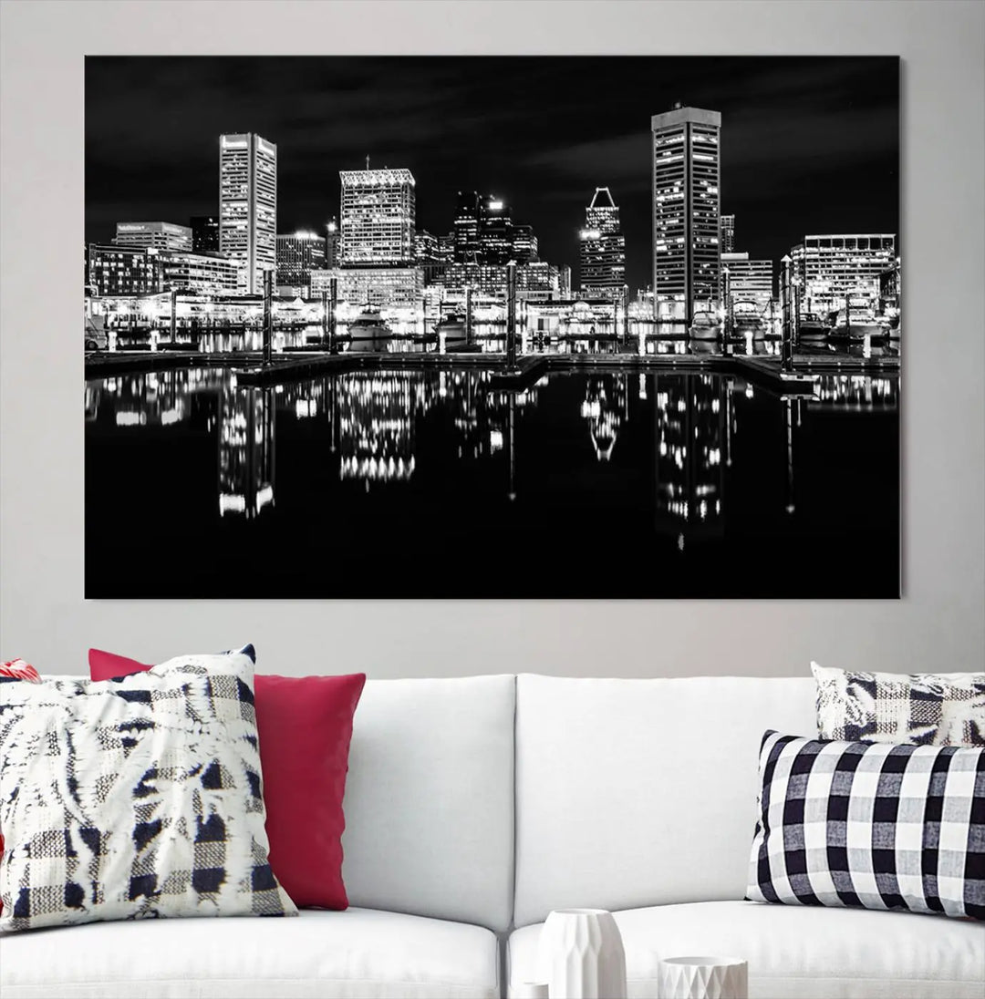 The Baltimore City Lights Skyline Black and White Wall Art Cityscape Canvas Print features a museum-quality finish with UV-protective coating to preserve its brilliance and comes ready to hang straight out of the box.