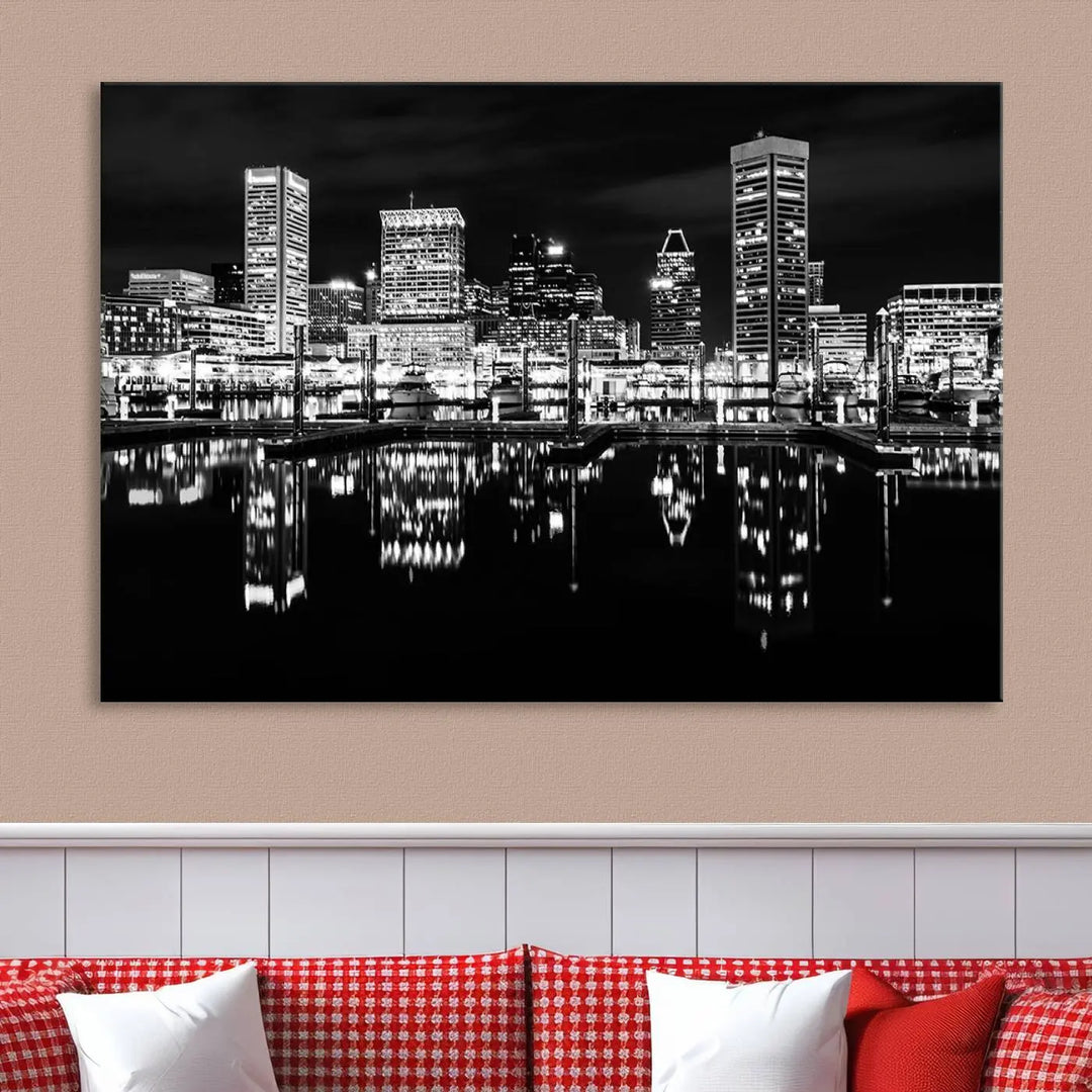 The Baltimore City Lights Skyline Black and White Wall Art Cityscape Canvas Print features a museum-quality finish with UV-protective coating to preserve its brilliance and comes ready to hang straight out of the box.