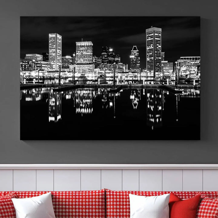 The Baltimore City Lights Skyline Black and White Wall Art Cityscape Canvas Print features a museum-quality finish with UV-protective coating to preserve its brilliance and comes ready to hang straight out of the box.