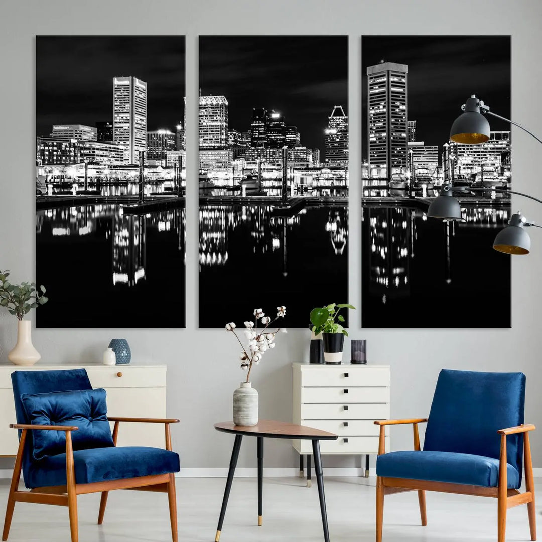 The Baltimore City Lights Skyline Black and White Wall Art Cityscape Canvas Print features a museum-quality finish with UV-protective coating to preserve its brilliance and comes ready to hang straight out of the box.