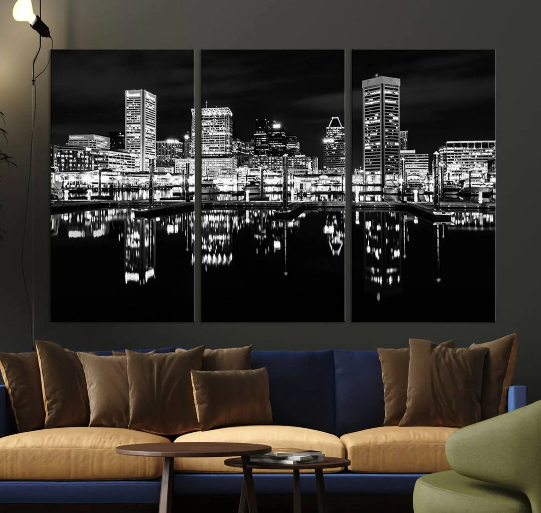 The Baltimore City Lights Skyline Black and White Wall Art Cityscape Canvas Print features a museum-quality finish with UV-protective coating to preserve its brilliance and comes ready to hang straight out of the box.