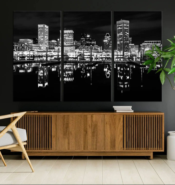 The Baltimore City Lights Skyline Black and White Wall Art Cityscape Canvas Print features a museum-quality finish with UV-protective coating to preserve its brilliance and comes ready to hang straight out of the box.