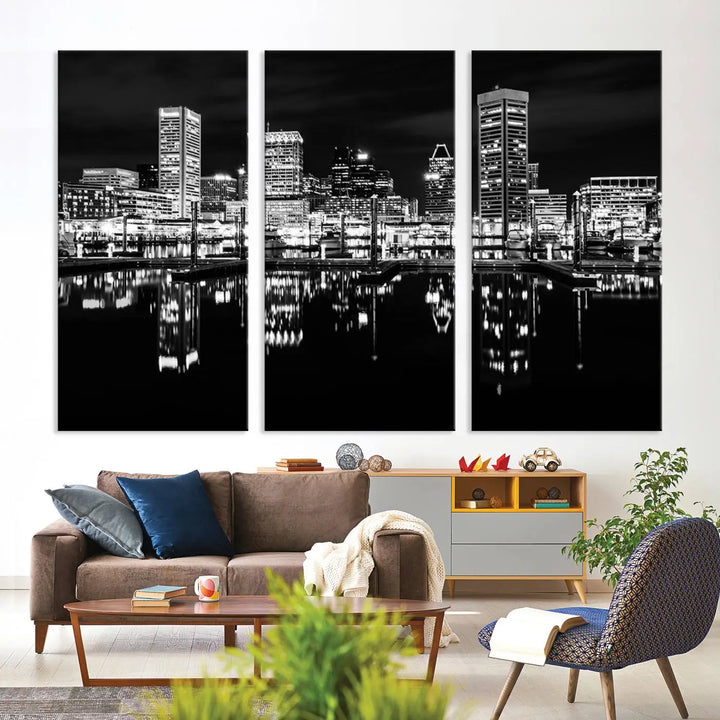 The Baltimore City Lights Skyline Black and White Wall Art Cityscape Canvas Print features a museum-quality finish with UV-protective coating to preserve its brilliance and comes ready to hang straight out of the box.