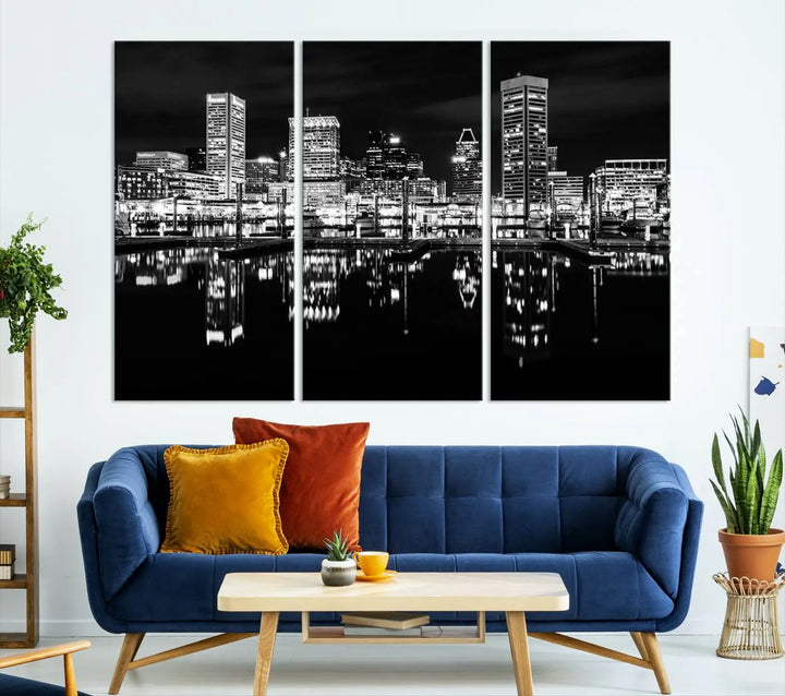 The Baltimore City Lights Skyline Black and White Wall Art Cityscape Canvas Print features a museum-quality finish with UV-protective coating to preserve its brilliance and comes ready to hang straight out of the box.