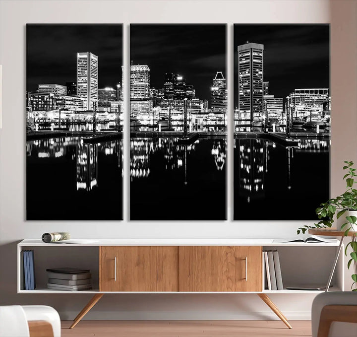 The Baltimore City Lights Skyline Black and White Wall Art Cityscape Canvas Print features a museum-quality finish with UV-protective coating to preserve its brilliance and comes ready to hang straight out of the box.