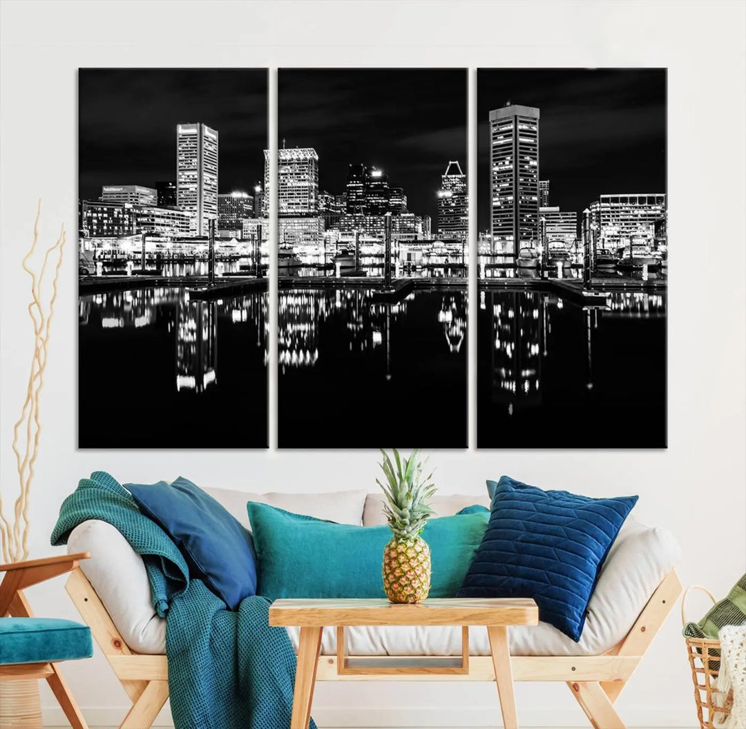 The Baltimore City Lights Skyline Black and White Wall Art Cityscape Canvas Print features a museum-quality finish with UV-protective coating to preserve its brilliance and comes ready to hang straight out of the box.