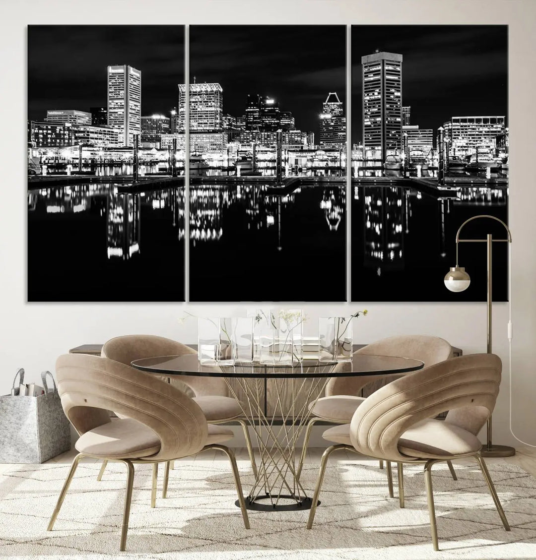 The Baltimore City Lights Skyline Black and White Wall Art Cityscape Canvas Print features a museum-quality finish with UV-protective coating to preserve its brilliance and comes ready to hang straight out of the box.