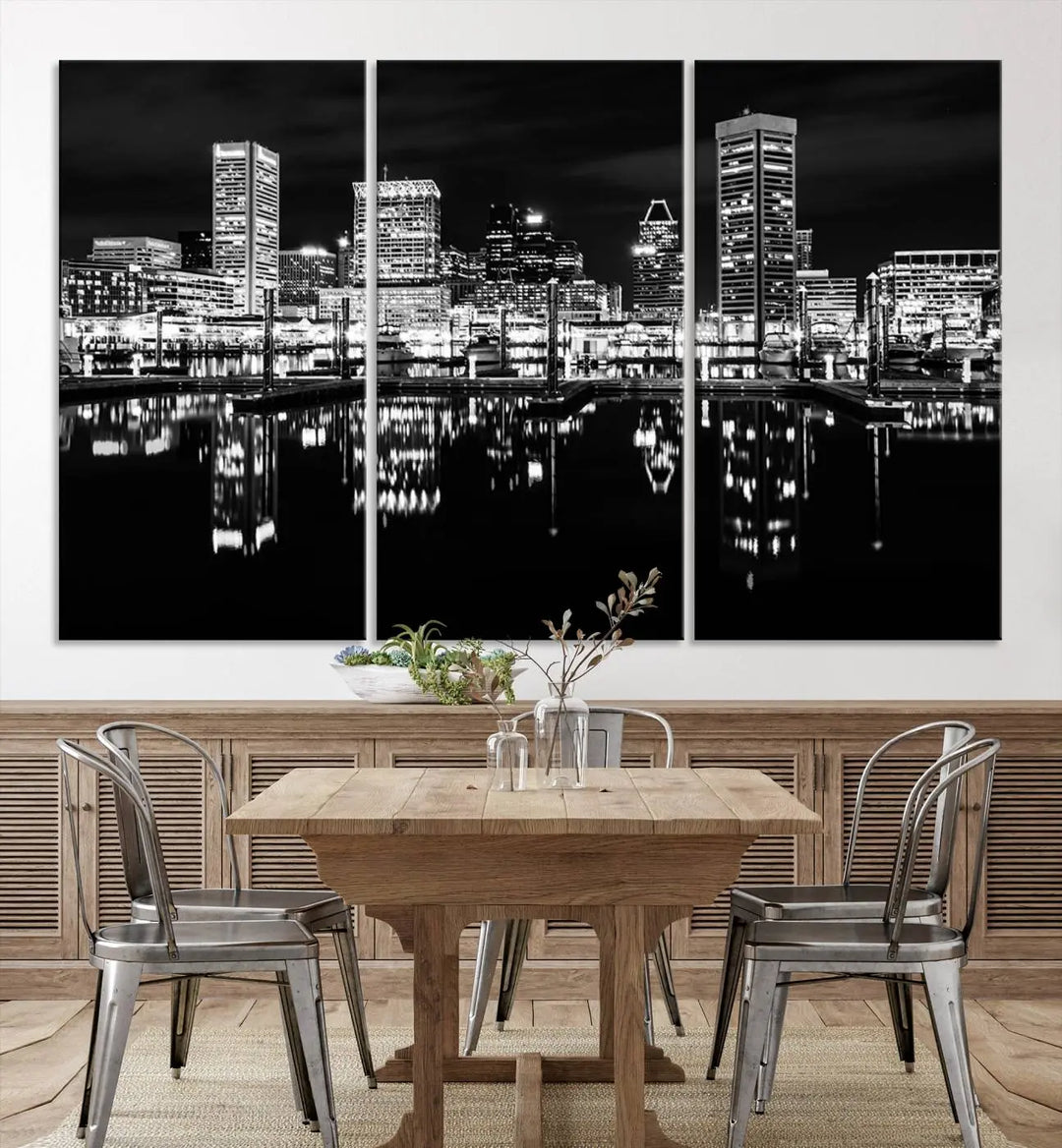 The Baltimore City Lights Skyline Black and White Wall Art Cityscape Canvas Print features a museum-quality finish with UV-protective coating to preserve its brilliance and comes ready to hang straight out of the box.