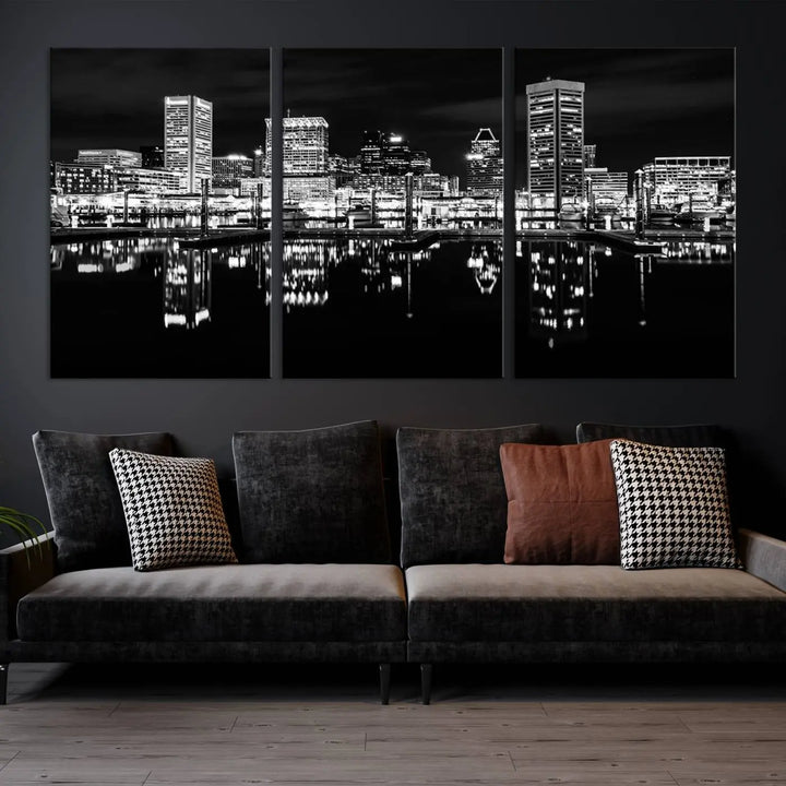 The Baltimore City Lights Skyline Black and White Wall Art Cityscape Canvas Print features a museum-quality finish with UV-protective coating to preserve its brilliance and comes ready to hang straight out of the box.