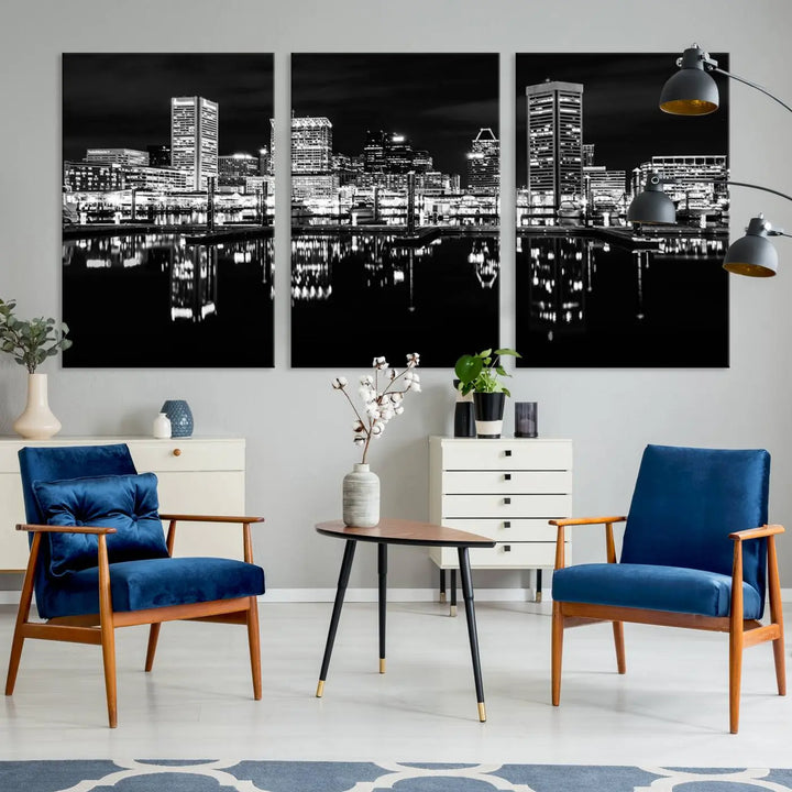 The Baltimore City Lights Skyline Black and White Wall Art Cityscape Canvas Print features a museum-quality finish with UV-protective coating to preserve its brilliance and comes ready to hang straight out of the box.