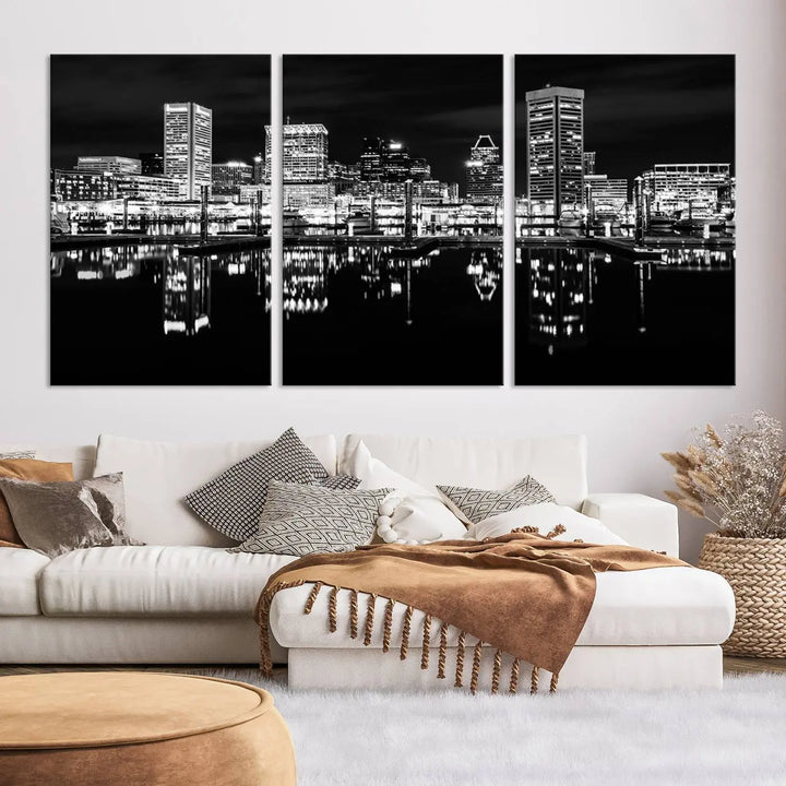 The Baltimore City Lights Skyline Black and White Wall Art Cityscape Canvas Print features a museum-quality finish with UV-protective coating to preserve its brilliance and comes ready to hang straight out of the box.