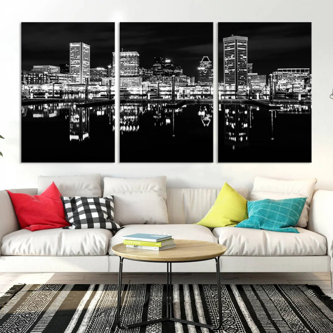 The Baltimore City Lights Skyline Black and White Wall Art Cityscape Canvas Print features a museum-quality finish with UV-protective coating to preserve its brilliance and comes ready to hang straight out of the box.