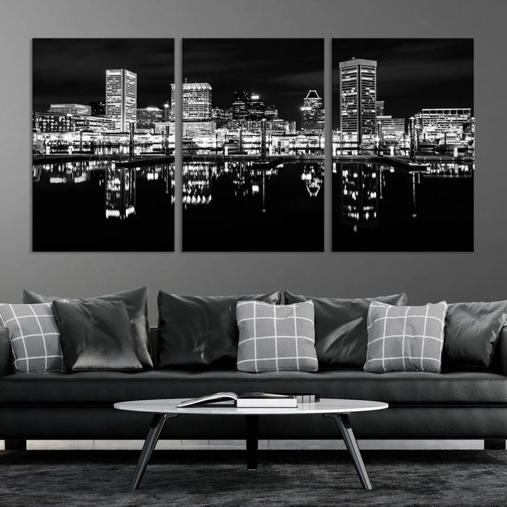 The Baltimore City Lights Skyline Black and White Wall Art Cityscape Canvas Print features a museum-quality finish with UV-protective coating to preserve its brilliance and comes ready to hang straight out of the box.