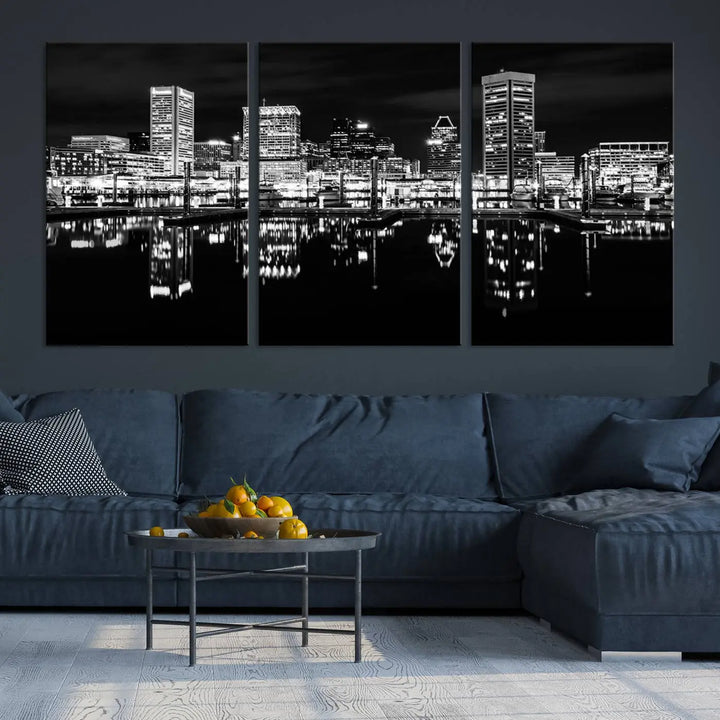 The Baltimore City Lights Skyline Black and White Wall Art Cityscape Canvas Print features a museum-quality finish with UV-protective coating to preserve its brilliance and comes ready to hang straight out of the box.