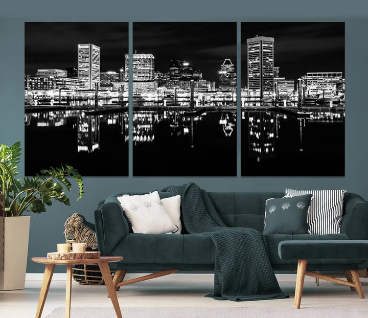 The Baltimore City Lights Skyline Black and White Wall Art Cityscape Canvas Print features a museum-quality finish with UV-protective coating to preserve its brilliance and comes ready to hang straight out of the box.