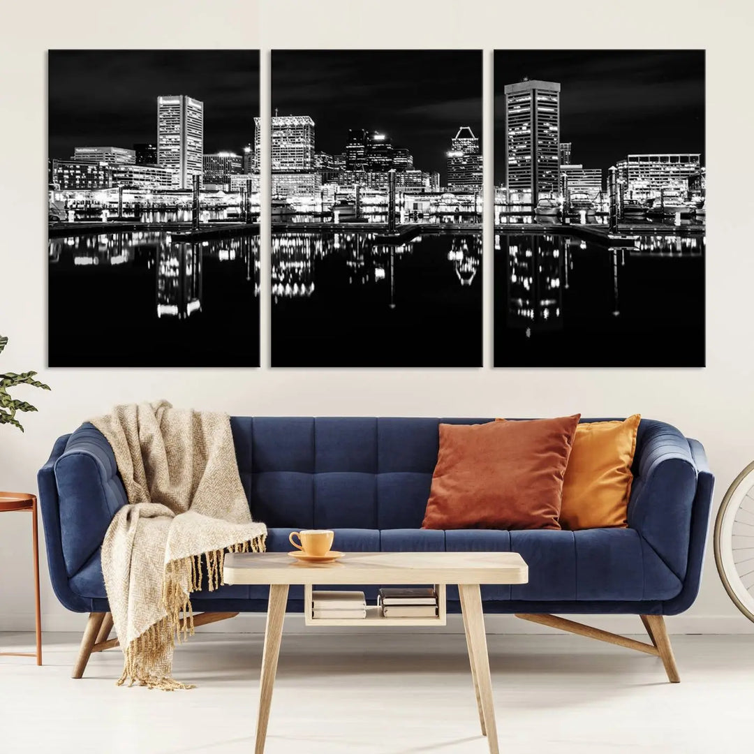 The Baltimore City Lights Skyline Black and White Wall Art Cityscape Canvas Print features a museum-quality finish with UV-protective coating to preserve its brilliance and comes ready to hang straight out of the box.