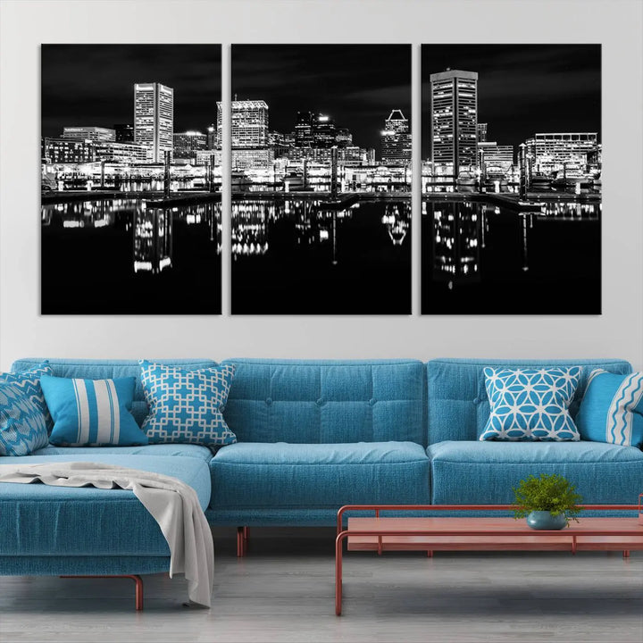 The Baltimore City Lights Skyline Black and White Wall Art Cityscape Canvas Print features a museum-quality finish with UV-protective coating to preserve its brilliance and comes ready to hang straight out of the box.