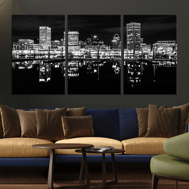 The Baltimore City Lights Skyline Black and White Wall Art Cityscape Canvas Print features a museum-quality finish with UV-protective coating to preserve its brilliance and comes ready to hang straight out of the box.