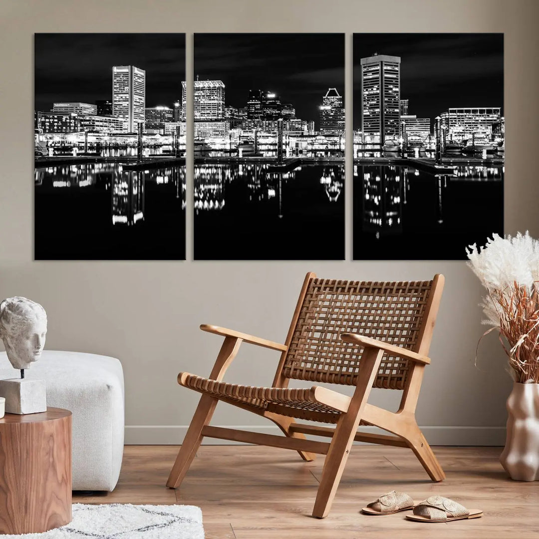 The Baltimore City Lights Skyline Black and White Wall Art Cityscape Canvas Print features a museum-quality finish with UV-protective coating to preserve its brilliance and comes ready to hang straight out of the box.