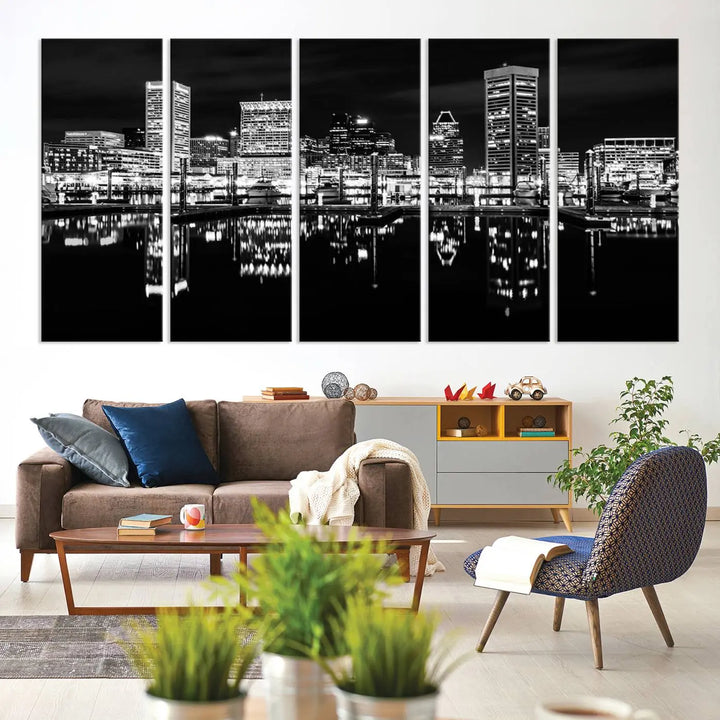 The Baltimore City Lights Skyline Black and White Wall Art Cityscape Canvas Print features a museum-quality finish with UV-protective coating to preserve its brilliance and comes ready to hang straight out of the box.