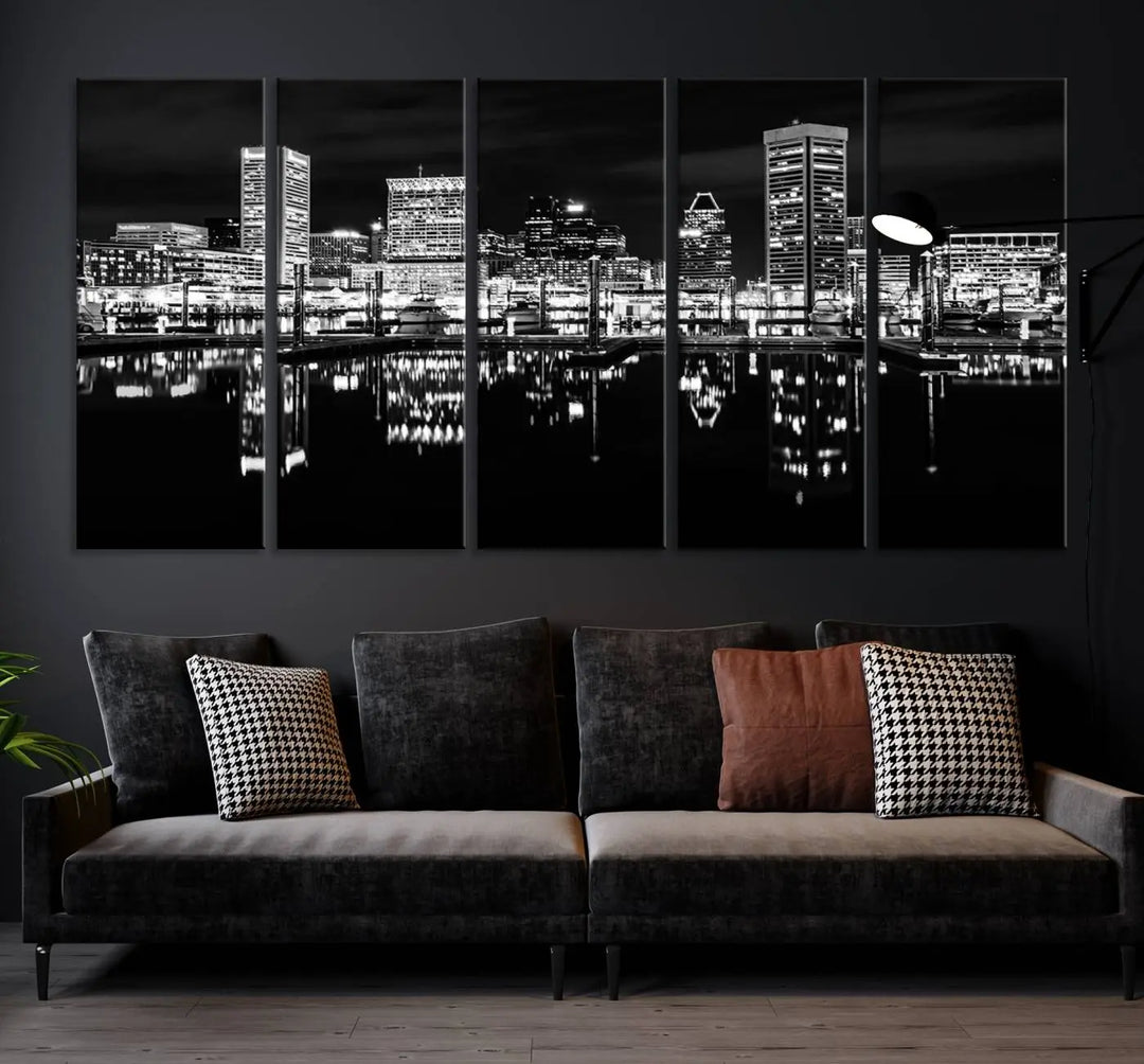 The Baltimore City Lights Skyline Black and White Wall Art Cityscape Canvas Print features a museum-quality finish with UV-protective coating to preserve its brilliance and comes ready to hang straight out of the box.