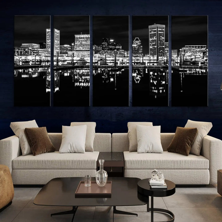 The Baltimore City Lights Skyline Black and White Wall Art Cityscape Canvas Print features a museum-quality finish with UV-protective coating to preserve its brilliance and comes ready to hang straight out of the box.