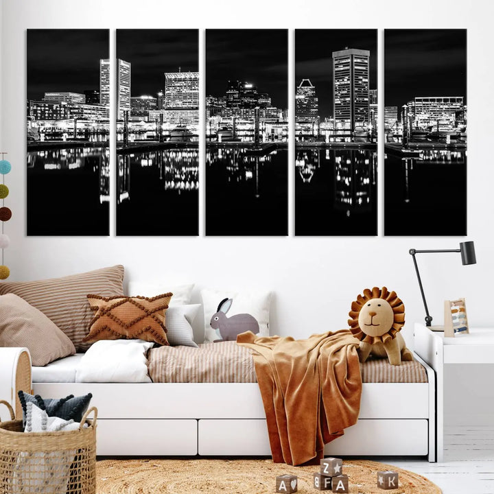 The Baltimore City Lights Skyline Black and White Wall Art Cityscape Canvas Print features a museum-quality finish with UV-protective coating to preserve its brilliance and comes ready to hang straight out of the box.