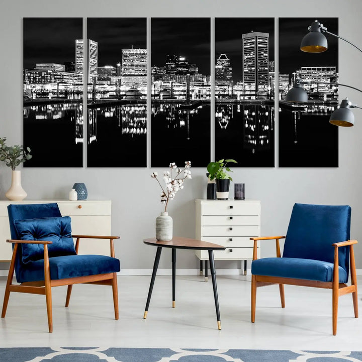 The Baltimore City Lights Skyline Black and White Wall Art Cityscape Canvas Print features a museum-quality finish with UV-protective coating to preserve its brilliance and comes ready to hang straight out of the box.